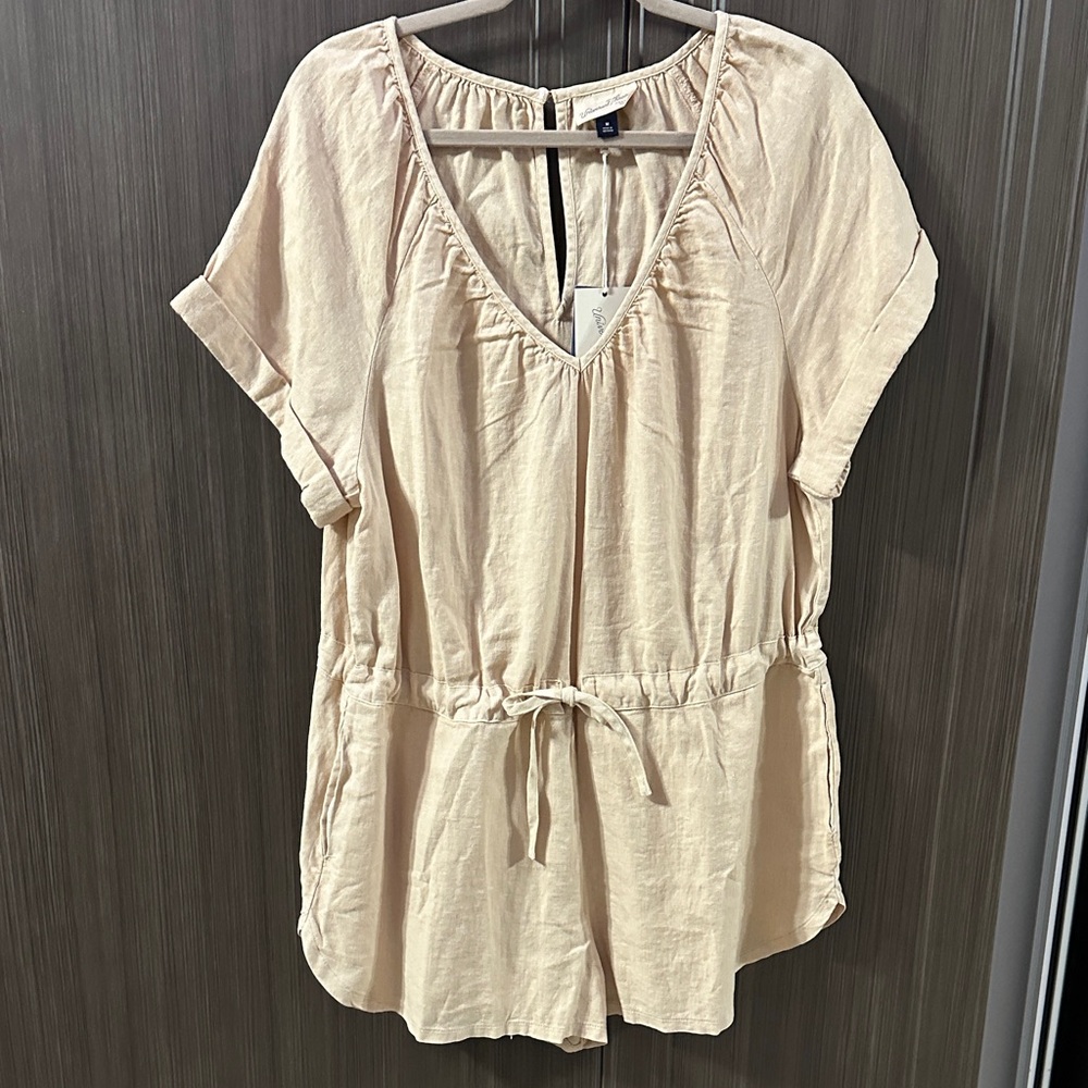 Universal Thread Beige V-Neck Romper with Waist Tie
